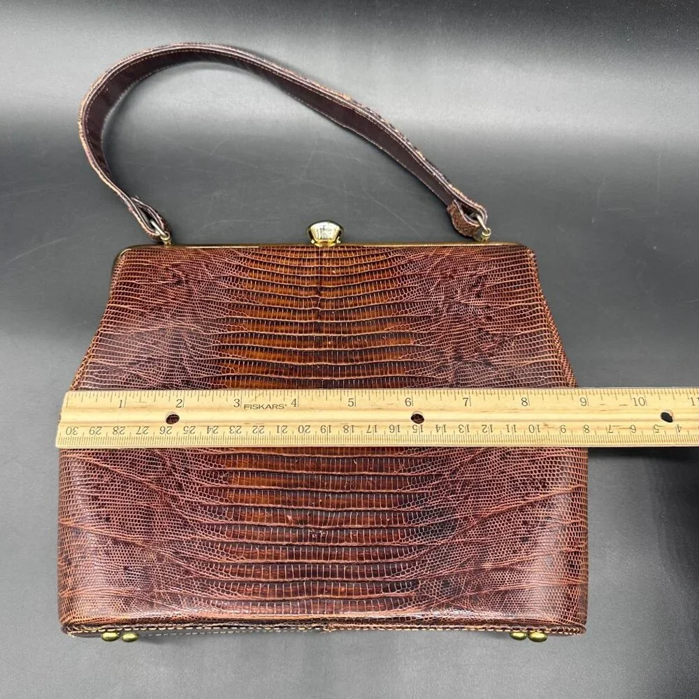 Vintage Purse Lizard Leather Handbag Lesco Mid Century Brown Gold Hardware Retro - Picture 16 of 16